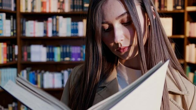 Young woman reading book in library space represents focus dedication lifelong learning knowledge and self development in supportive thoughtful environment
