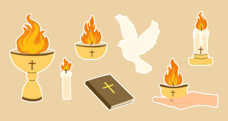 Set of stickers Pentecost Sunday elements dove of peace, flames of the Holy Spirit, Bible, burning candles, chalice, and open hand