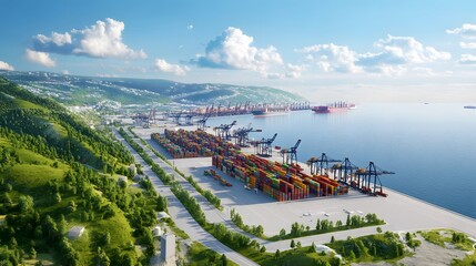 Port City Landscape: A vibrant aerial view showcases a bustling port city.