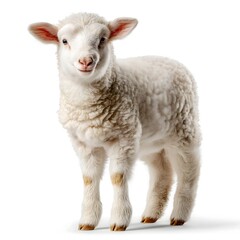 Fototapeta premium Cute young lamb standing on a white background, playful expression, soft wool, perfect for farm themes or animal-related content.