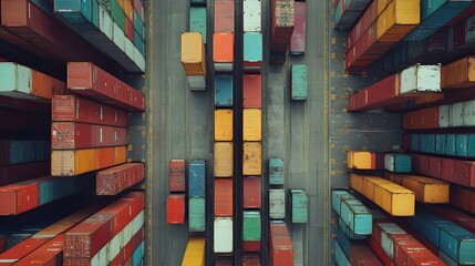Cargo containers on the harbor: A vivid overhead shot reveals a colorful tapestry of shipping containers neatly arranged within a bustling harbor, representing global trade and logistics.