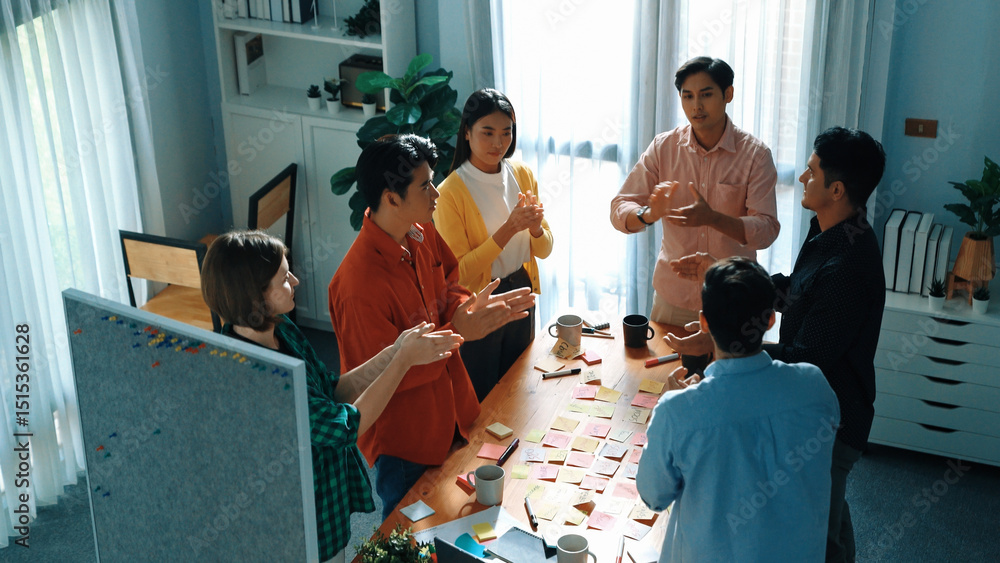 Poster top view of creative team clapping hands to celebrate increasing sales or successful idea. group of 