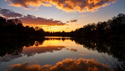 Obraz premium Sunset Reflection Pond Silhouette.
