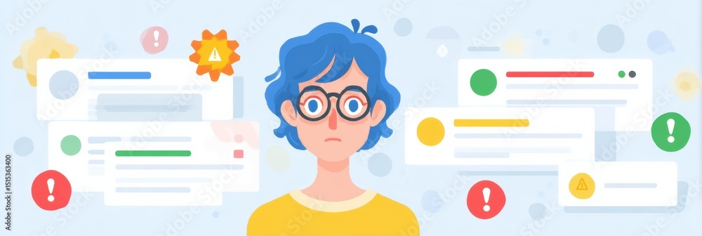 Poster Confused Avatar Surrounded by Multiple Alerts and Notifications in a Light Margin Atmosphere