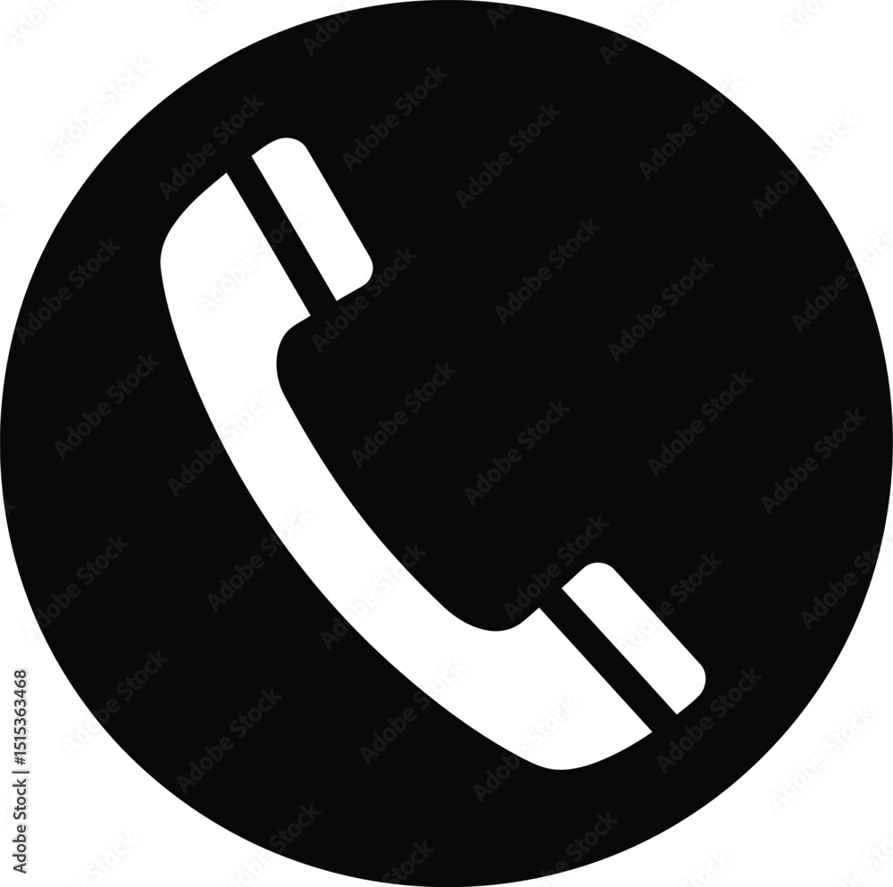Poster solid white phone receiver in black circle icon, simple communication and call symbol ai generative