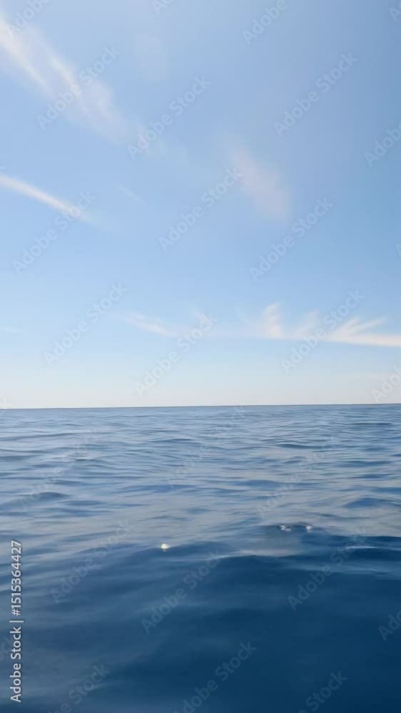 Poster low-angle video of vast, pristine deep blue ocean surface with gentle ripples, extending to a sharp 