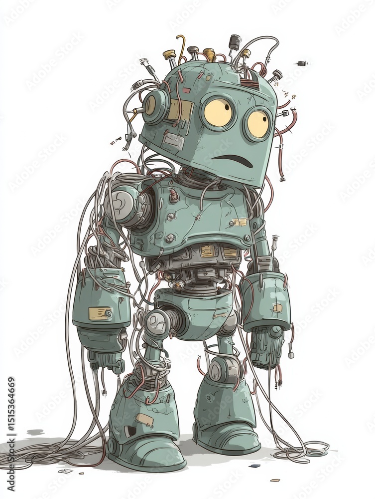 Poster broken robot with loose wires displays a confused expression in a simple and clear setting
