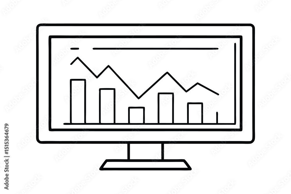 Poster computer screen displaying line art graph stock market data