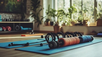 Home Fitness Studio: Yoga Mat, Exercise Wheels, and Plants