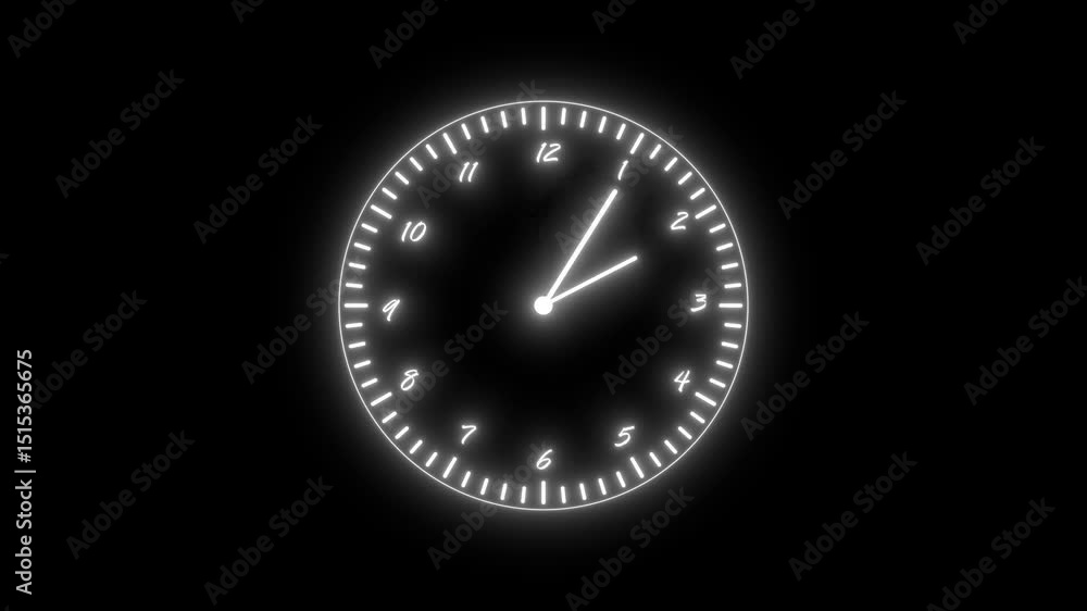 Poster glowing white clock face on black background displaying the time of twelve minutes past five