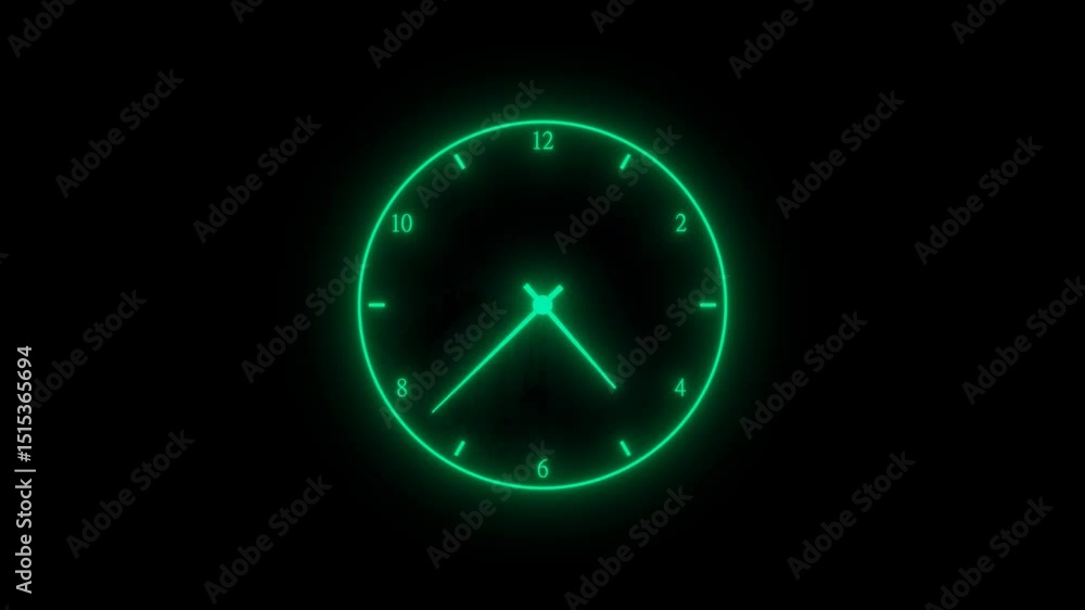 Aufkleber glowing neon clock animation on black background displaying time of ten minutes past one.