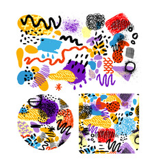 Set of decorative colored elements and Seamless background. hand drawn. Not AI. Vector illustration.