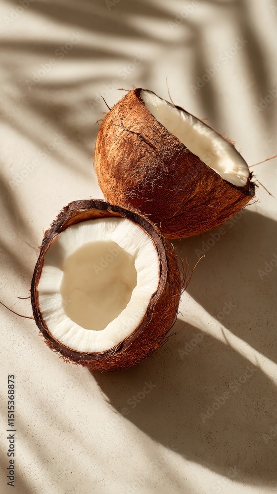Poster halved coconuts resting on a soft surface with natural shadows highlighting their textures