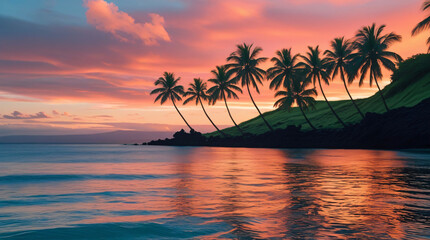 Tropical Hanalei Bay, Kauai, Hawaii, during sunset, peaceful ocean, palm silhouettes