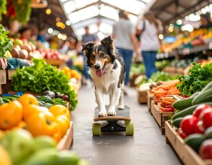 Dog skateboarding in a market (1)