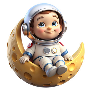 Fototapeta Cute Baby Astronaut on Cheese Moon 3D Render Space Baby Adorable