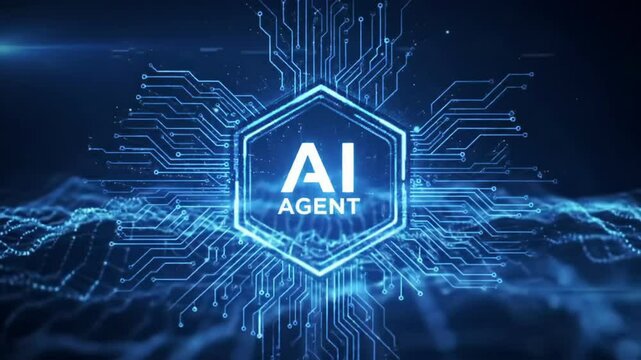 Glowing hexagon displays artificial intelligence agent text against a blue digital circuit backdrop