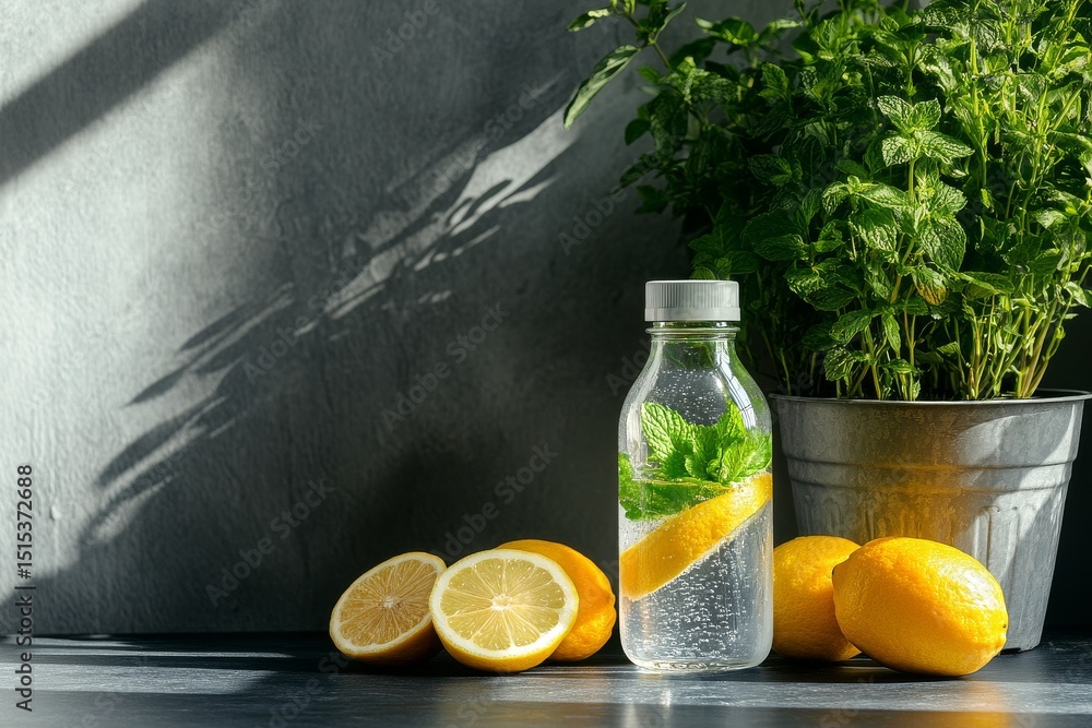 Poster refreshing lemon and mint water displayed with natural elements in a cozy setting