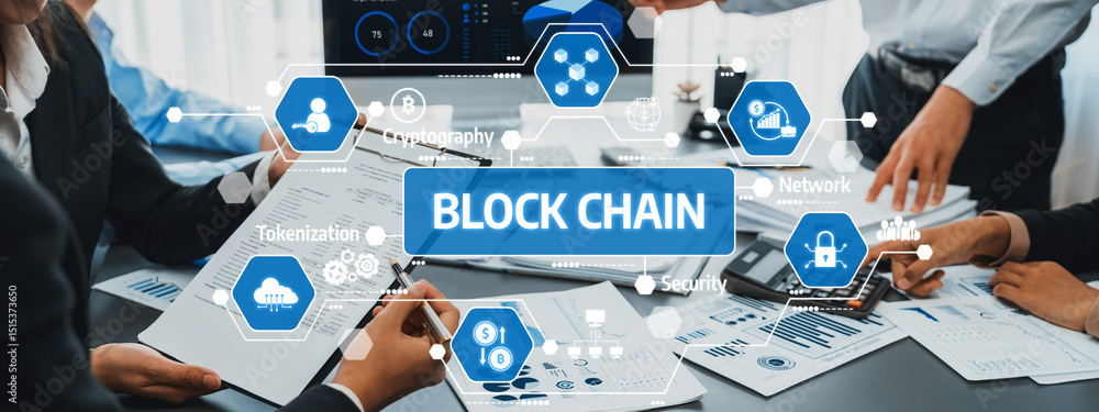 Aufkleber a dynamic business team engages in collaboration on blockchain technology, surrounded by digital ico