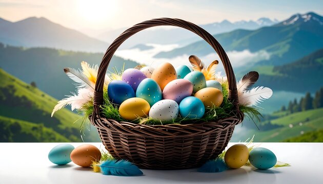 Easter eggs basket with mountain view.