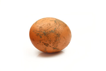 Single dirty organic brown homegrown chicken egg isolated on white background