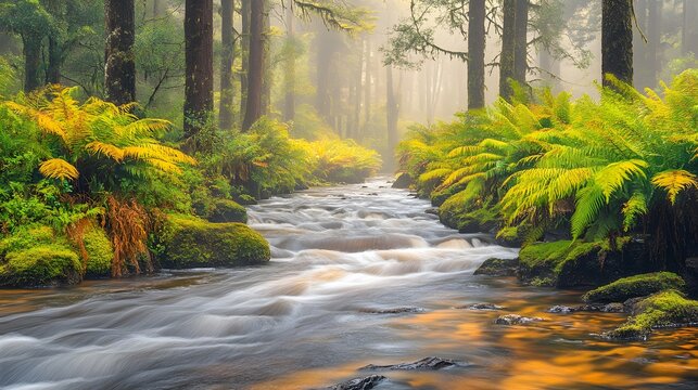 Misty Forest Stream with Golden Reflections Ferns - Powered by Adobe