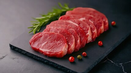 Filet mignon steaks resting on slate cutting board with green rosemary and peppercorns