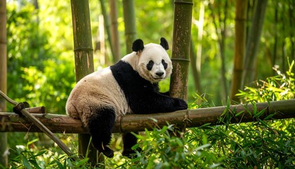 Obraz premium Panda relaxing bamboo forest.