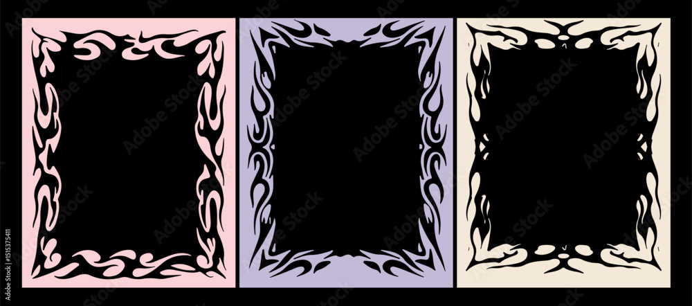 Poster vector illustration of three flame-patterned frames in pastel colors, created in popular y2k style, 