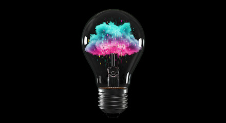 A striking conceptual image showcasing a classic incandescent lightbulb, within which a vibrant, nebula-like cloud of glowing pink and cyan particles explodes with energy. 