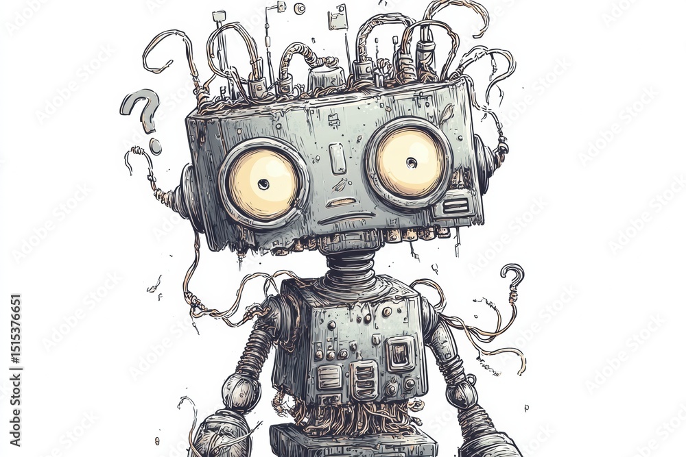 Poster broken robot stands with loose wires and a confused expression in a minimalist illustration