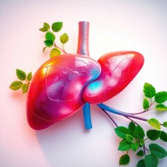 A vibrant, healthy human liver with intricate structure, glowing with vitality, surrounded by lush greenery and soft blue-white lighting, symbolizing renewal and well-being

