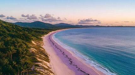 Aerial View Pink Sand Beach Tropical Coastline Sunset