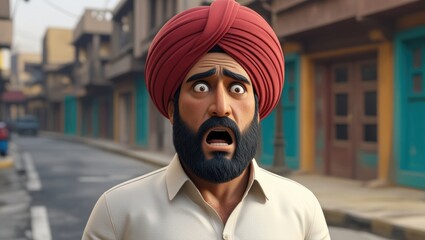 3D illustration of a 28-year-old Pathan man with beard in white shalwar kameez and red turban, standing shocked on a street, realistic urban background

