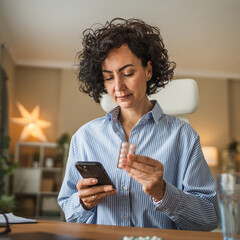 Mature woman hold the medicine and read instructions on mobile phone while sit in home office