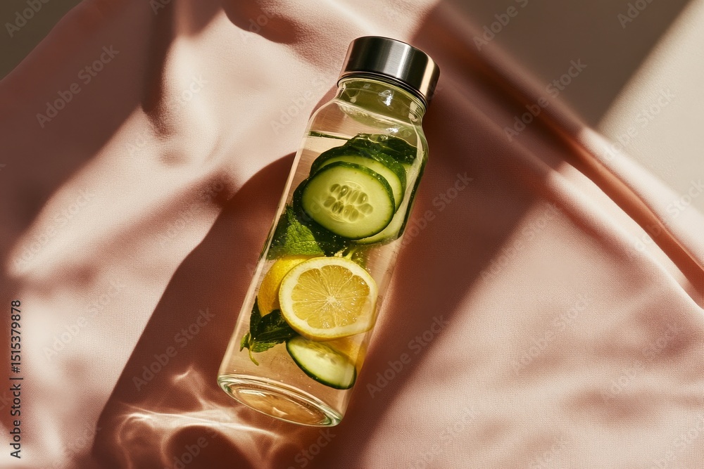 Poster refreshing cucumber and lemon infusion in clear bottle on light background