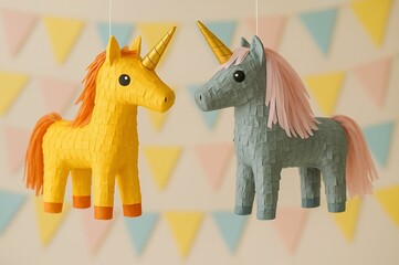 Two unicorns facing each other on string of flags.