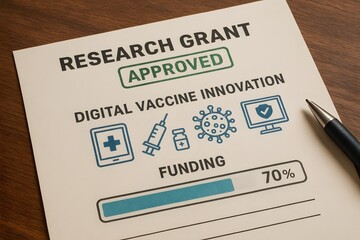 Digital Vaccine Innovation Grant Approval Document with a Pen. Capturing the essence of progress and scientific endeavor.
