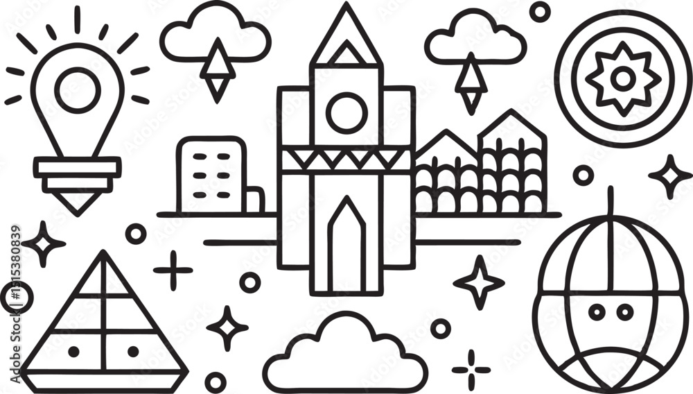 Poster minimalist architectural and geographical elements vector illustration with lines and simple shapes