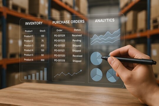 A hand uses a stylus on a transparent screen displaying inventory, purchase orders, and analytics data in a warehouse setting. The background features shelves stocked with cardboard boxes.