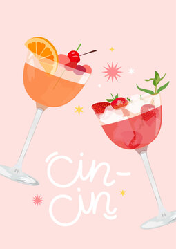 Cin cin word and summer cocktails on pink background. Vector illustration.