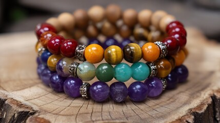 Stacked chakra bead bracelets with vibrant gemstone colors spiritual healing jewelry set on natural wood overlay cut out on isolated transparent removed background