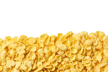 Corn flakes on white background top view flat lay layout design, fresh and healthy breakfast concept.