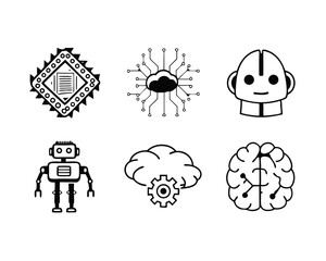 Artificial Intelligence Icons Set Robots, Brains, and Cloud Computing