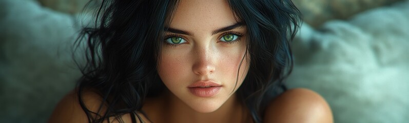 Fototapeta premium Woman with green eyes posing for a picture banner copy space