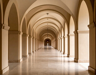 Obraz premium A long, symmetrical corridor lined with elegant arches and columns stretches into the distance, creating a stunning sense of depth, balance, and classical architectural beauty.