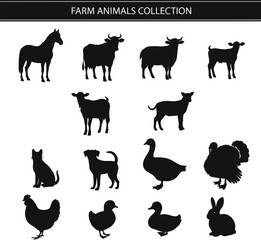 Obraz premium Farm Animals Silhouette Vector Collection - Isolated on White Background