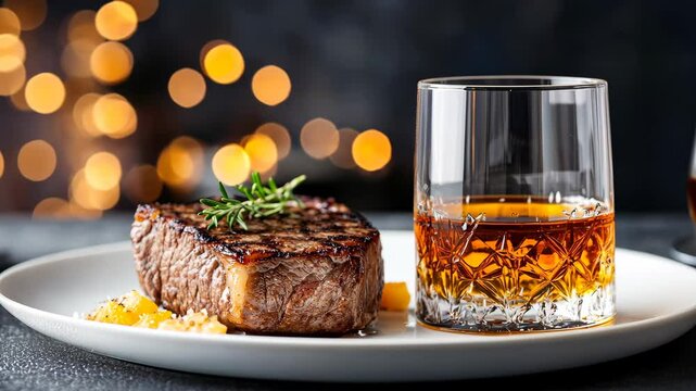 Juicy grilled steak and whiskey glass in festive ambience with bokeh lights