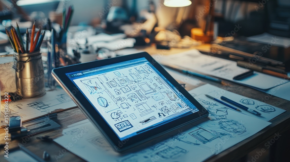Fototapete digital design workspace: tablet showcasing ui/ux sketches amidst a creative clutter of design tools