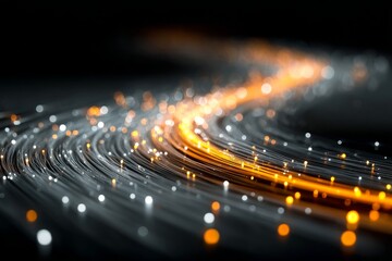 Glowing fiber optic cables creating light trails against dark background